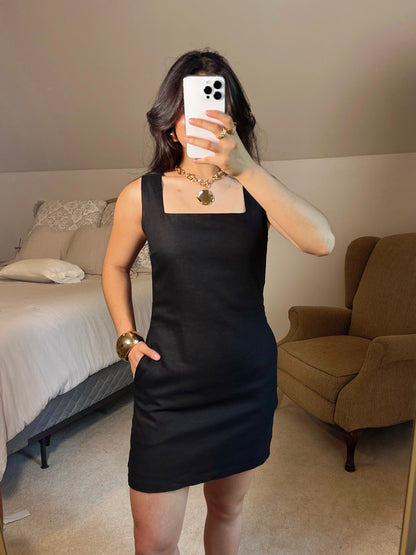 Black Linen Square Neck Dress