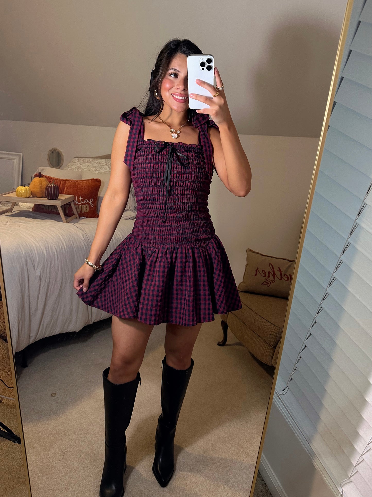 Burgundy & Black Gingham Mini Dress