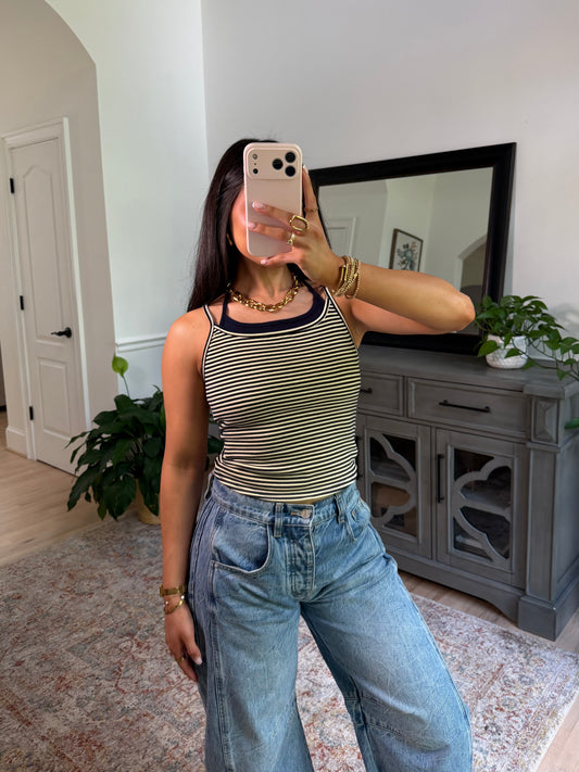 Butter/Navy Striped Double Layered Tank