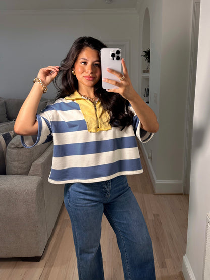 Blue & Yellow Zip-Up Polo Top