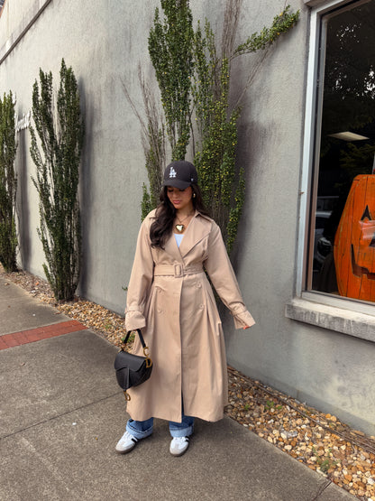 Latte Double Breasted Pleated Trench Coat
