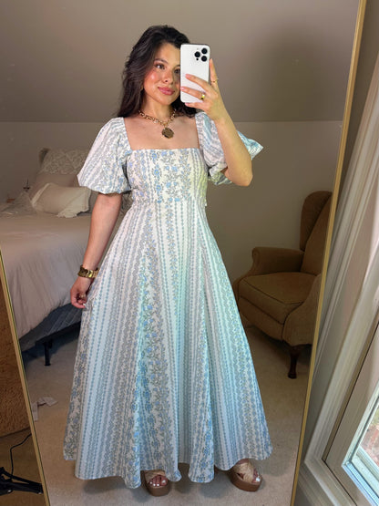 Blue Florals Puff Sleeve Maxi Dress