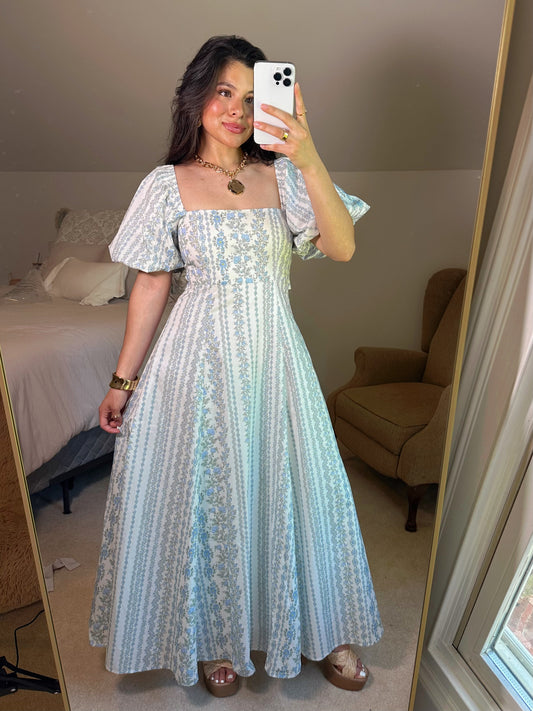 Blue Florals Puff Sleeve Maxi Dress