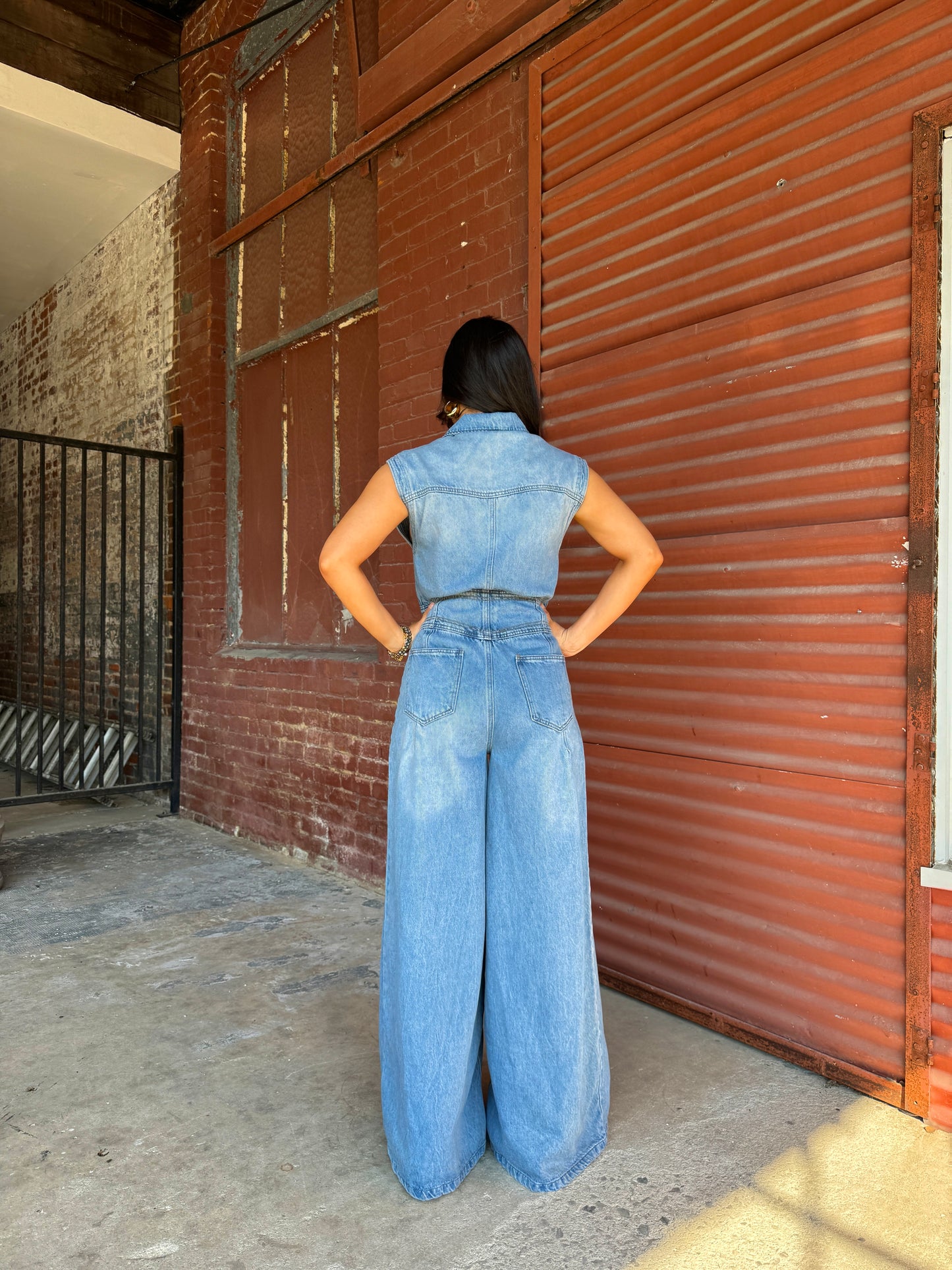 Denim Pleated Wide-Leg Jumpsuit