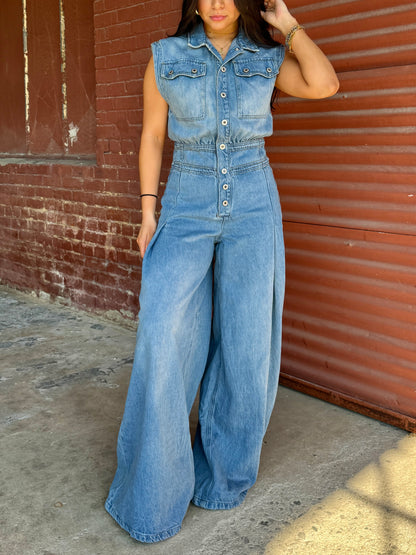 Denim Pleated Wide-Leg Jumpsuit