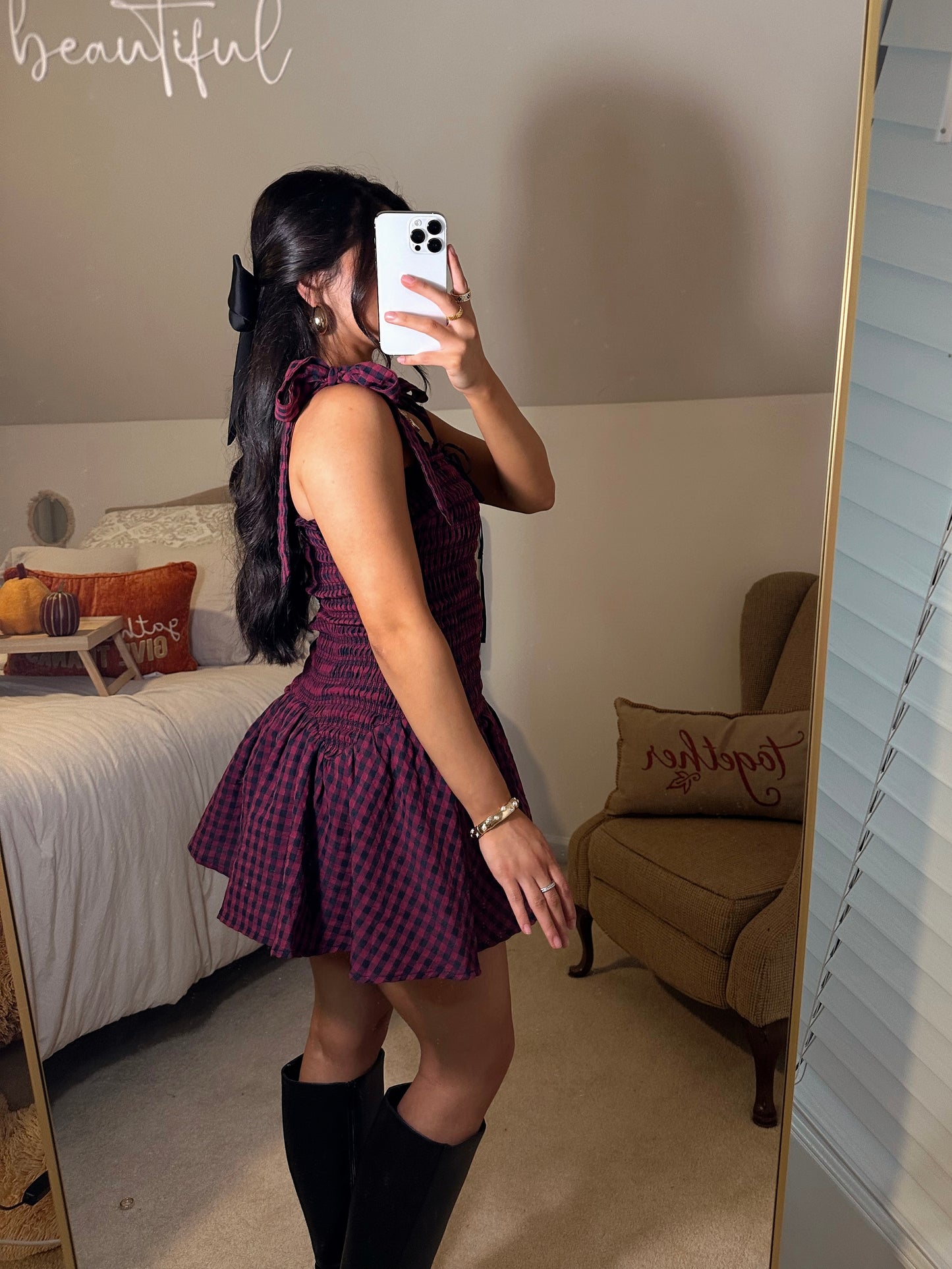 Burgundy & Black Gingham Mini Dress