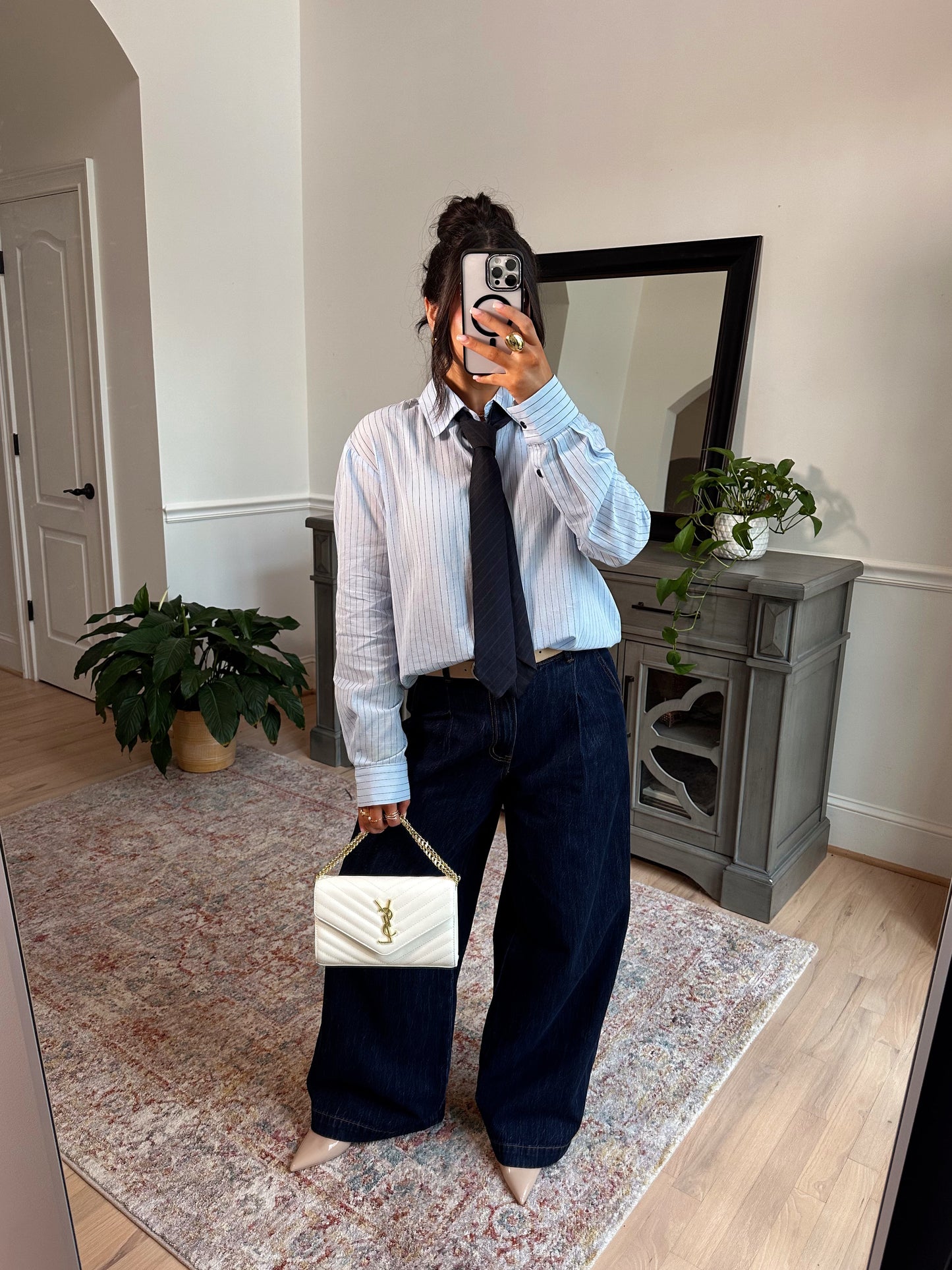 Power & Poise Pinstripe Blouse W/ Tie