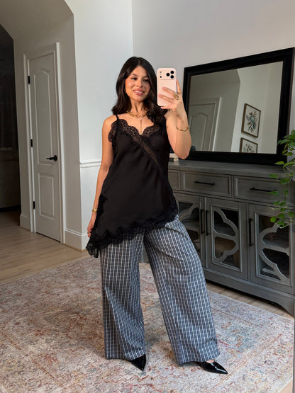 Sienna Black Satin Lace Top