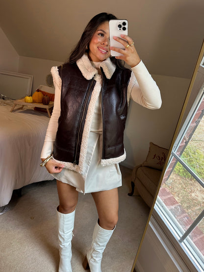 Brown Leather Sherpa Zip-Up Vest