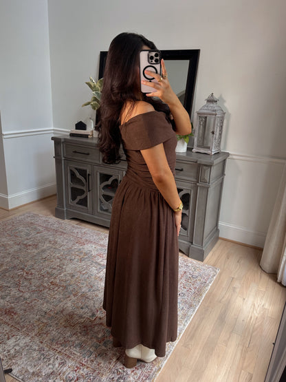Oakwood Off-Shoulder Drop Waist Dress