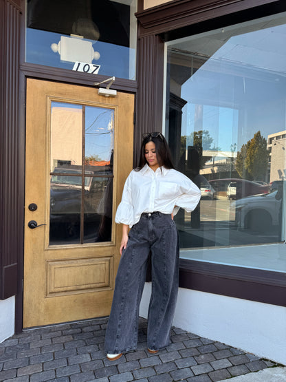 White Bubble Hem Button-Up Top
