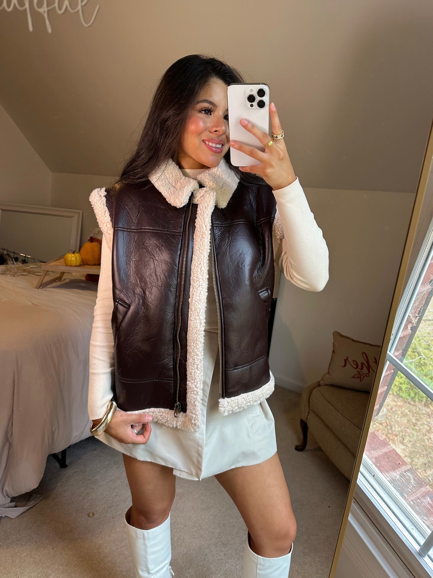 Brown Leather Sherpa Zip-Up Vest