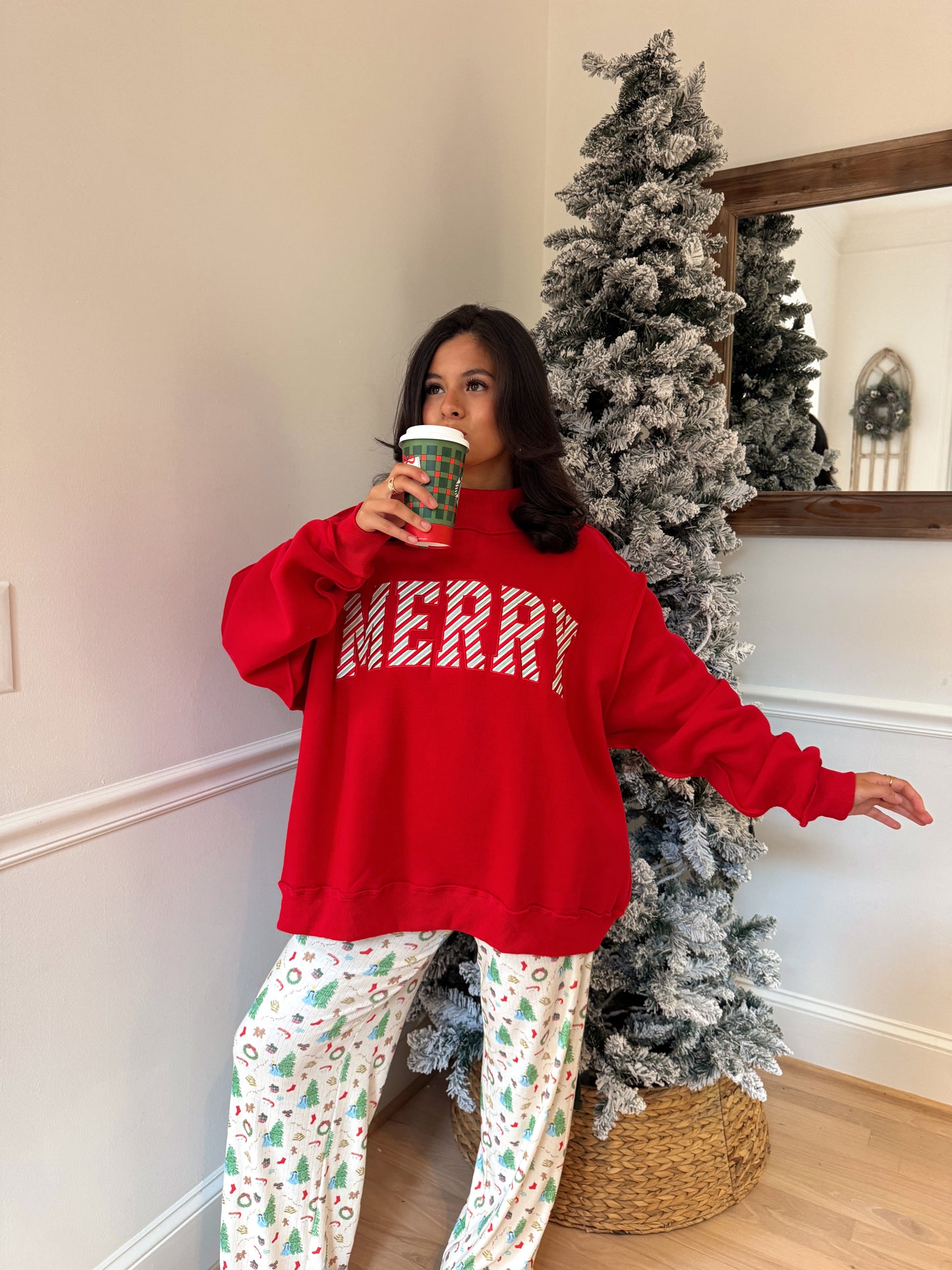 Red Candy Cane 'Merry' Embroidered Mockneck