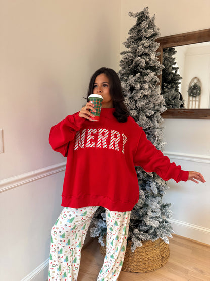 Red Candy Cane 'Merry' Embroidered Mockneck