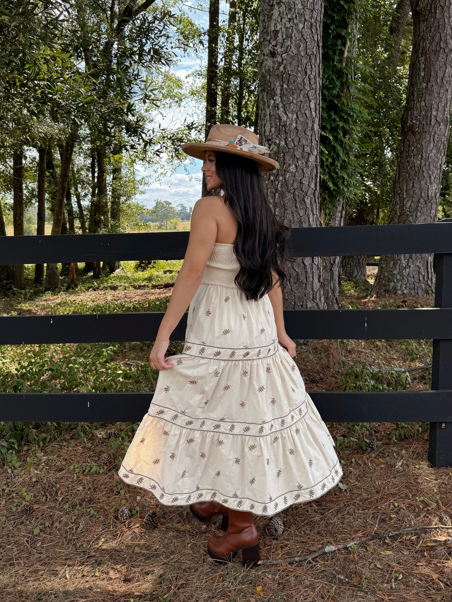 Beige Floral Embroidered Strapless Dress