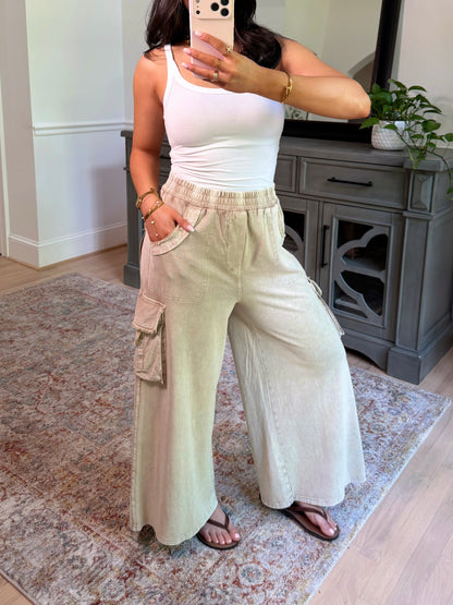 Mushroom Cargo Cropped Wide Leg Pants