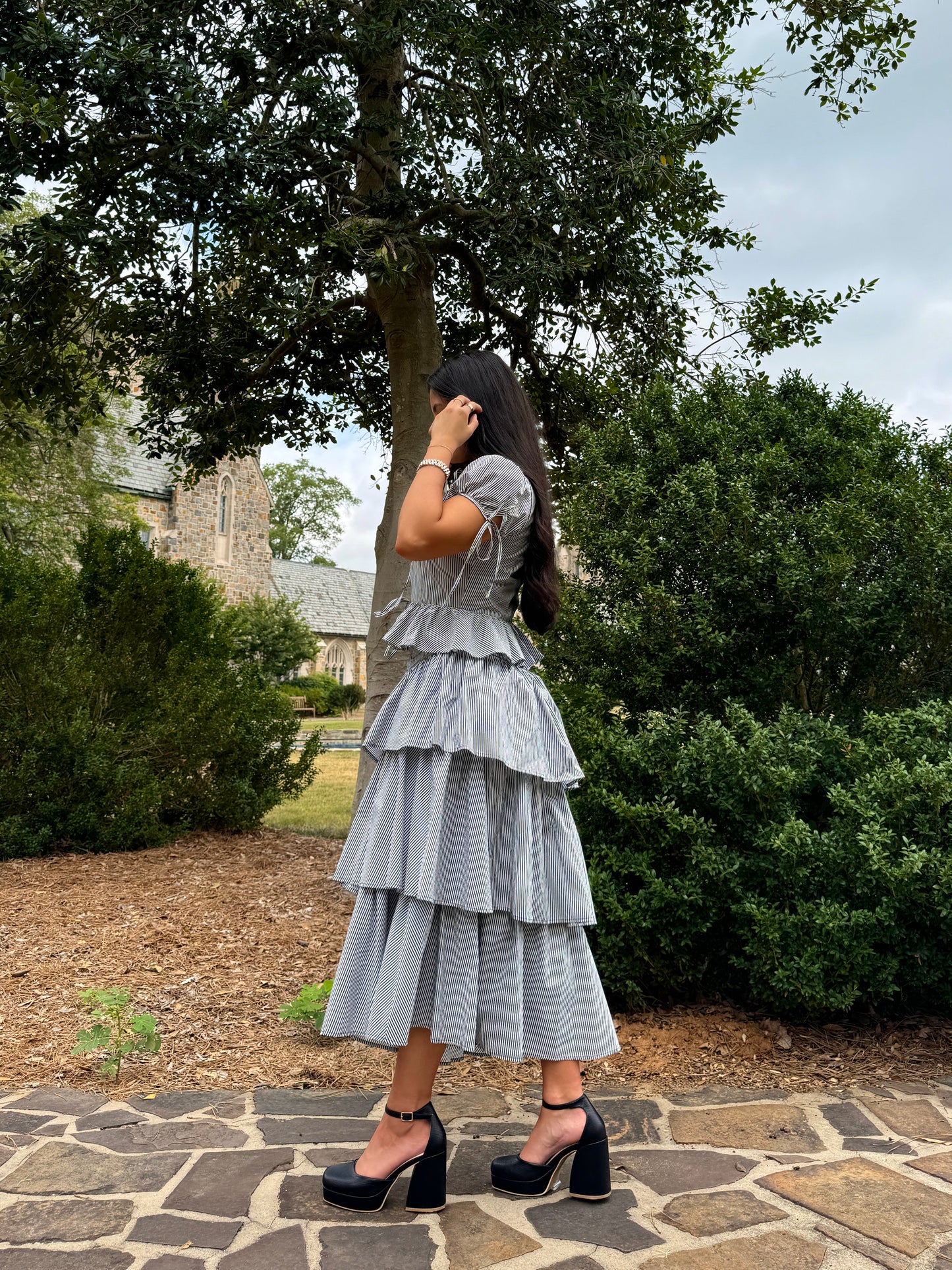 Black & White Striped Ruched-Waist Tiered Skirt