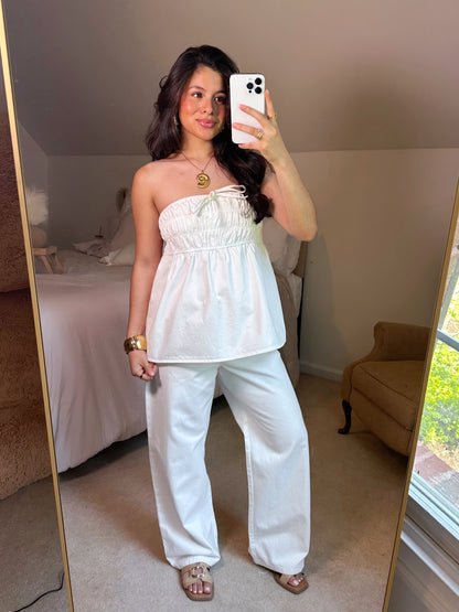 Ruched Top & Pant White Denim Set