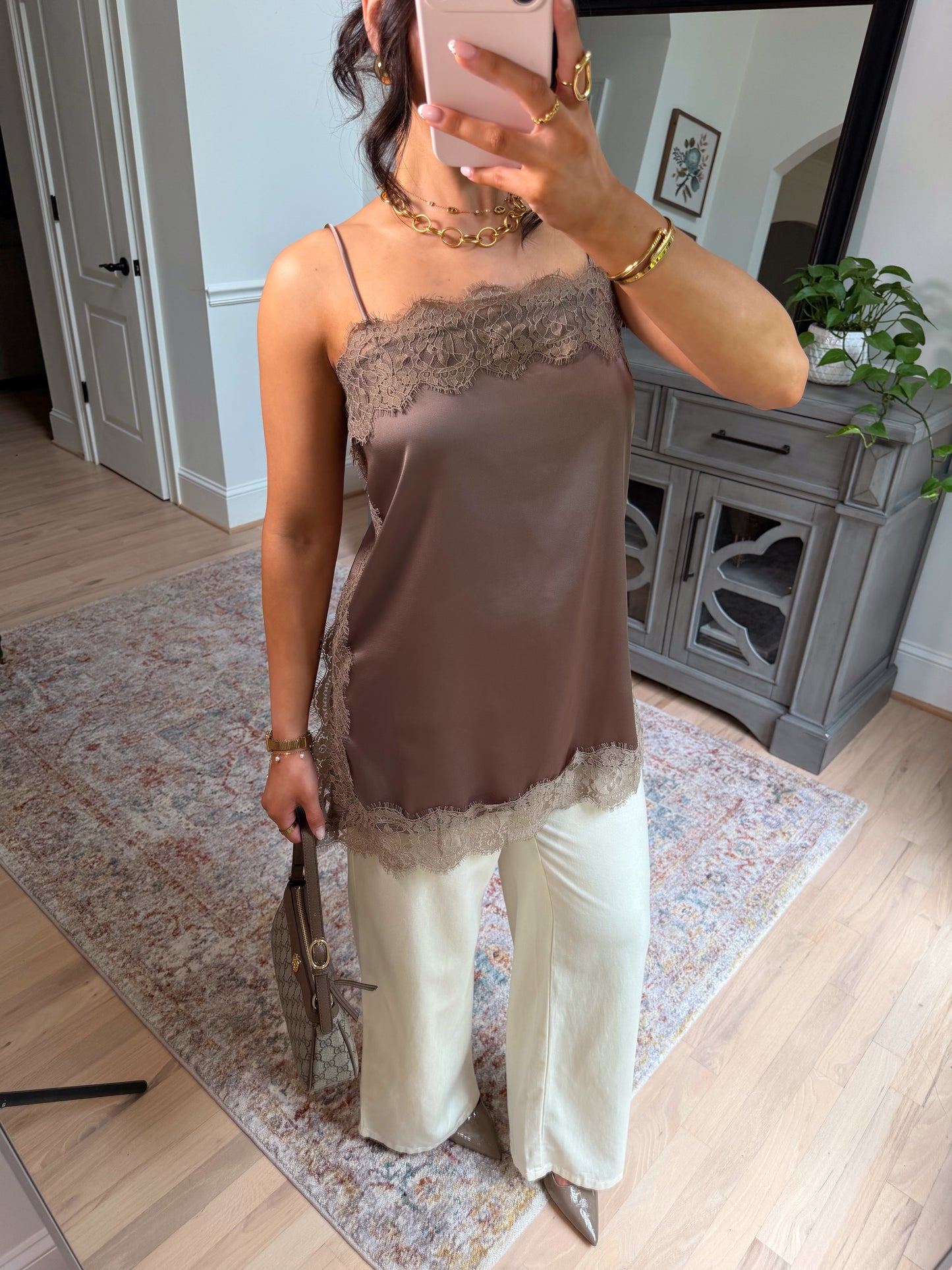 Olive Mocha Lace Satin Top