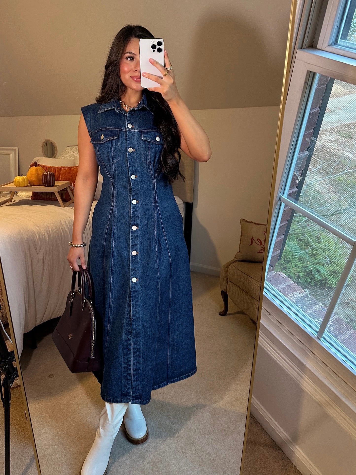 Denim Pleated Button-Up Dress