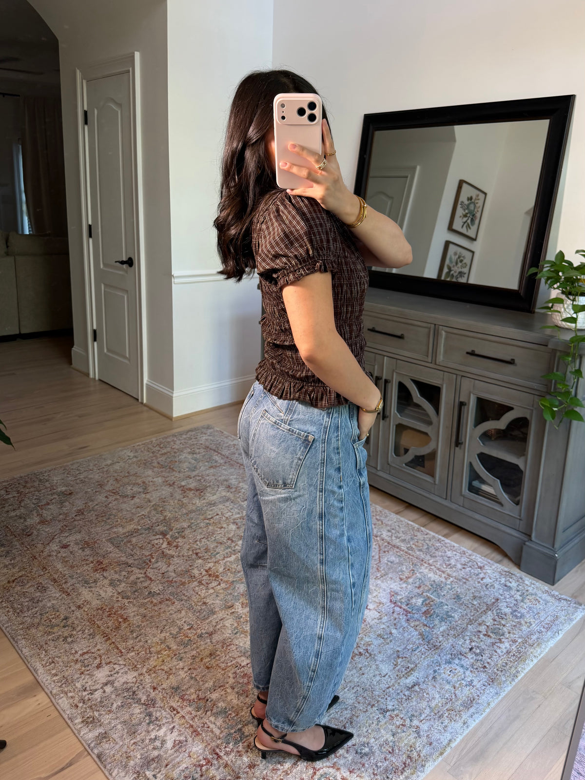 Anne Brown Plaid Scrunch Top
