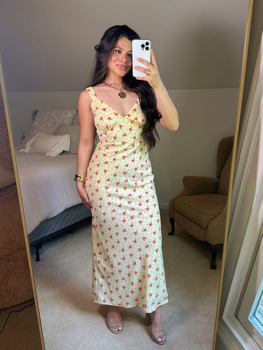 Yellow & Red Floral Satin Midi Dress