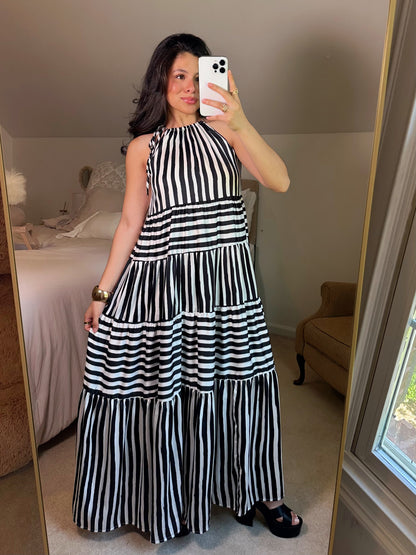 Black & White Striped Halter Maxi Dress