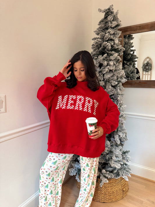 Red Candy Cane 'Merry' Embroidered Mockneck