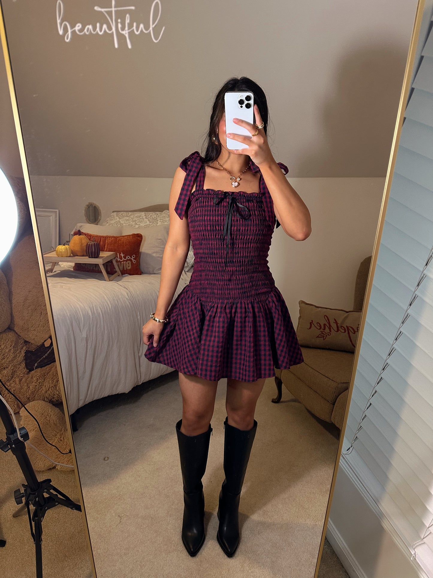 Burgundy & Black Gingham Mini Dress