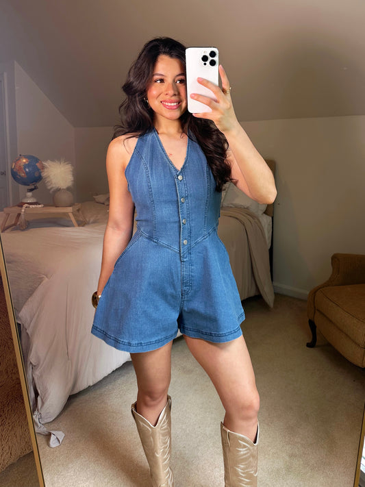 Girly Halter Open Back Denim Romper