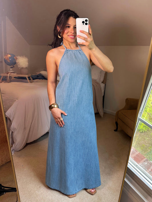 Denim Halter Open Back Maxi Dress