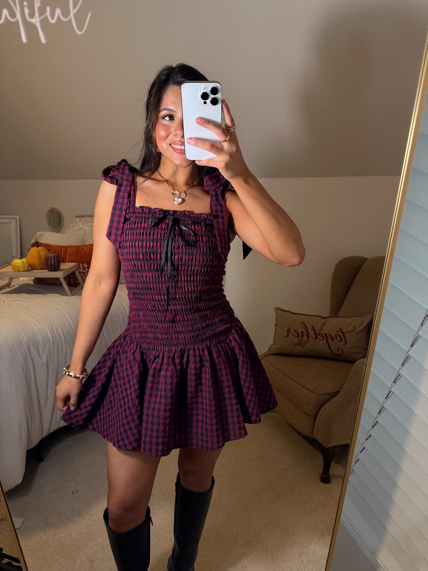 Burgundy & Black Gingham Mini Dress