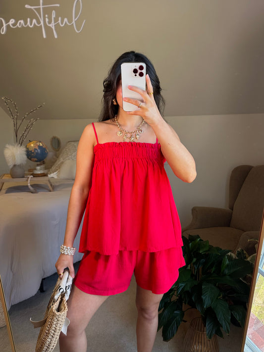 Red Linen Babydoll Top & Shorts Set