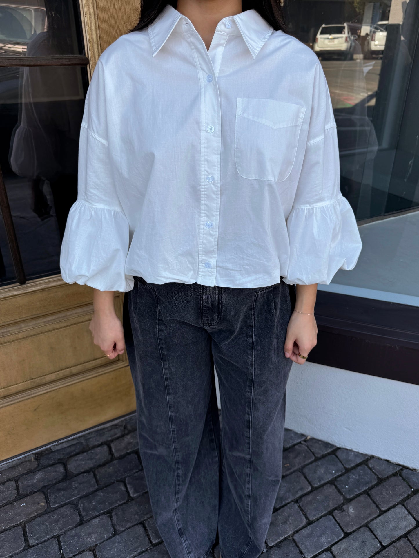 White Bubble Hem Button-Up Top