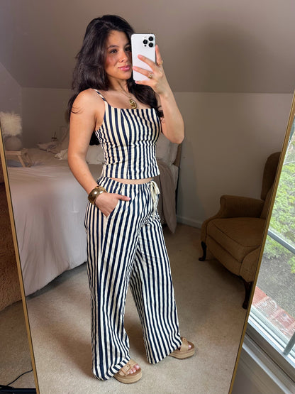 Navy & Ivory Striped Top & Pants Set