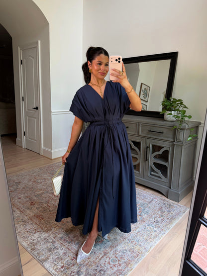 Darling Navy Pleated Midi Dress