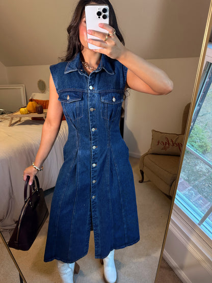 Denim Pleated Button-Up Dress