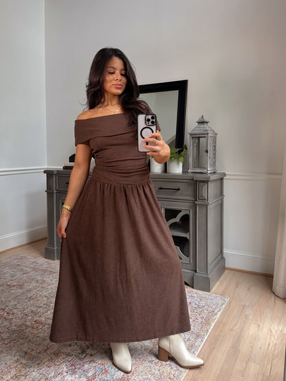 Oakwood Off-Shoulder Drop Waist Dress