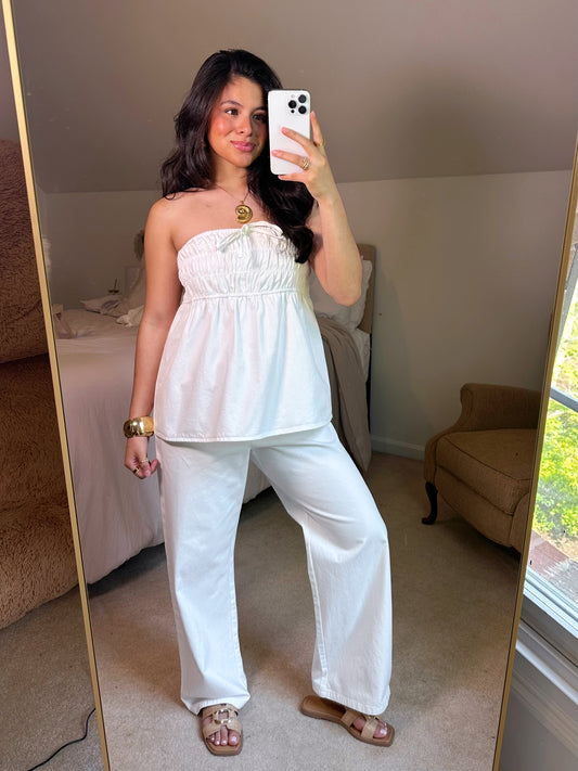Ruched Top & Pant White Denim Set