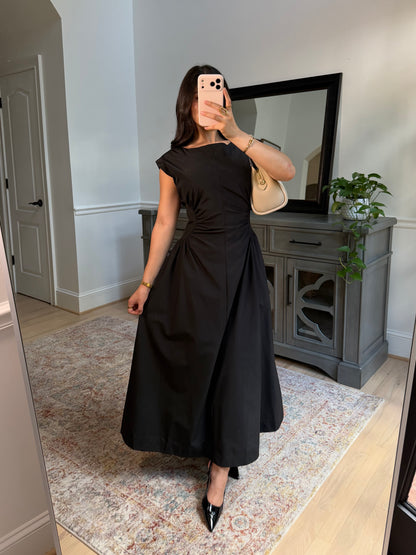 Black Magnolia Pleated Midi Dress