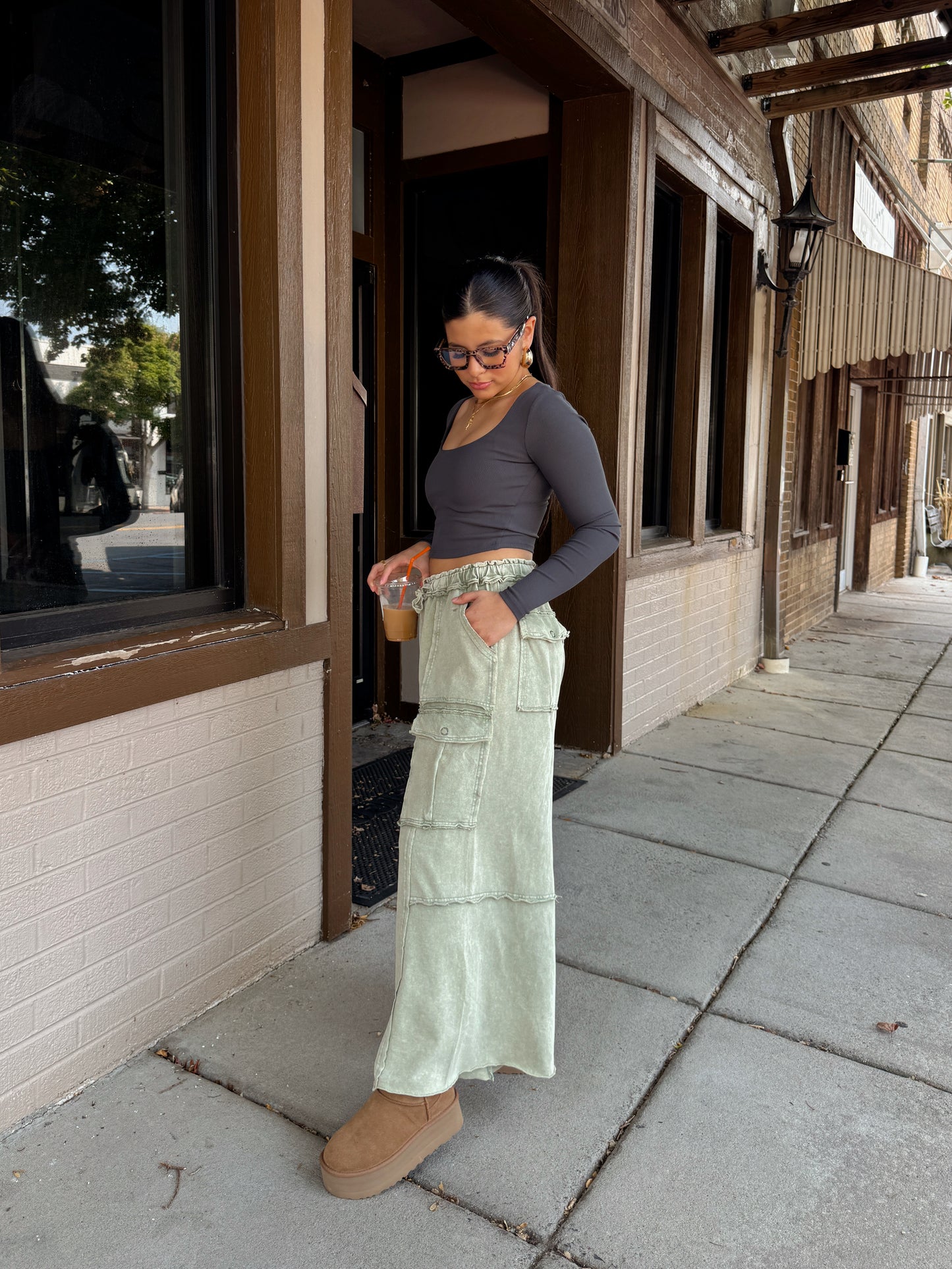 Sage Cargo Flowy Cropped Pants