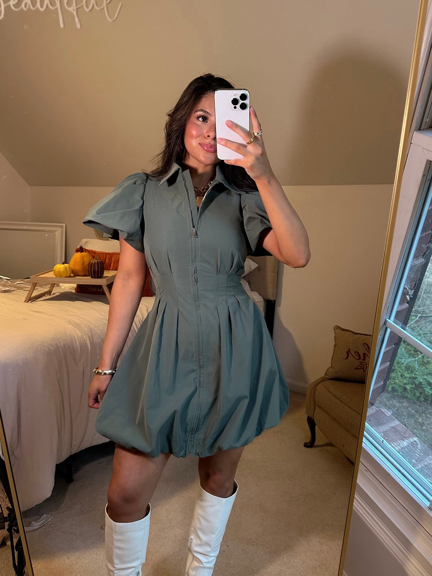 Olive Zip Up Bubble Dress