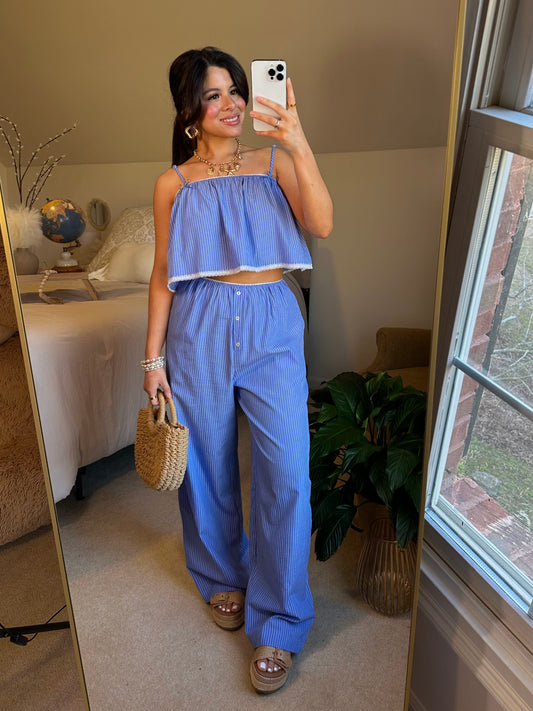 Blue Striped Poplin Cami & Pants Set