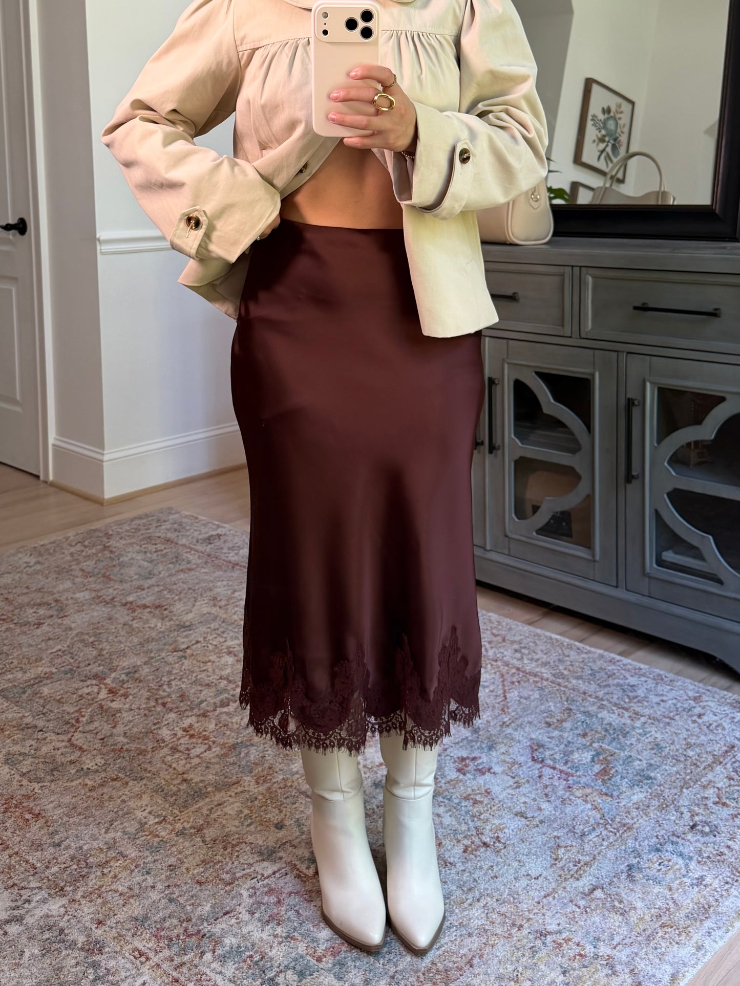 Brown Satin Lace Midi Skirt
