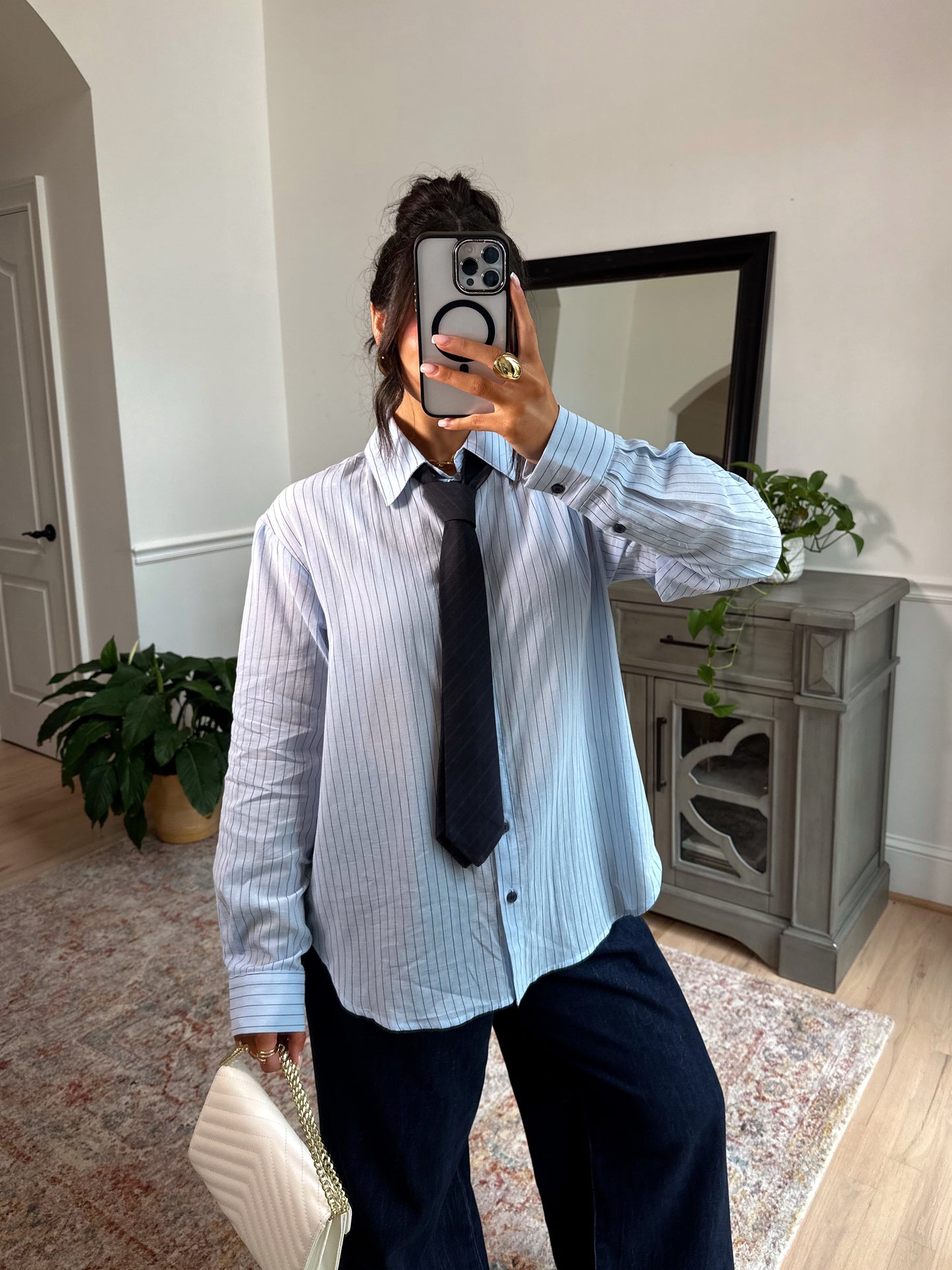 Power & Poise Pinstripe Blouse W/ Tie