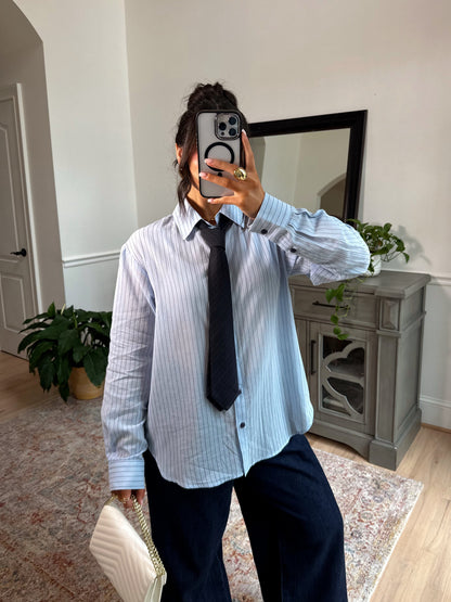 Power & Poise Pinstripe Blouse W/ Tie
