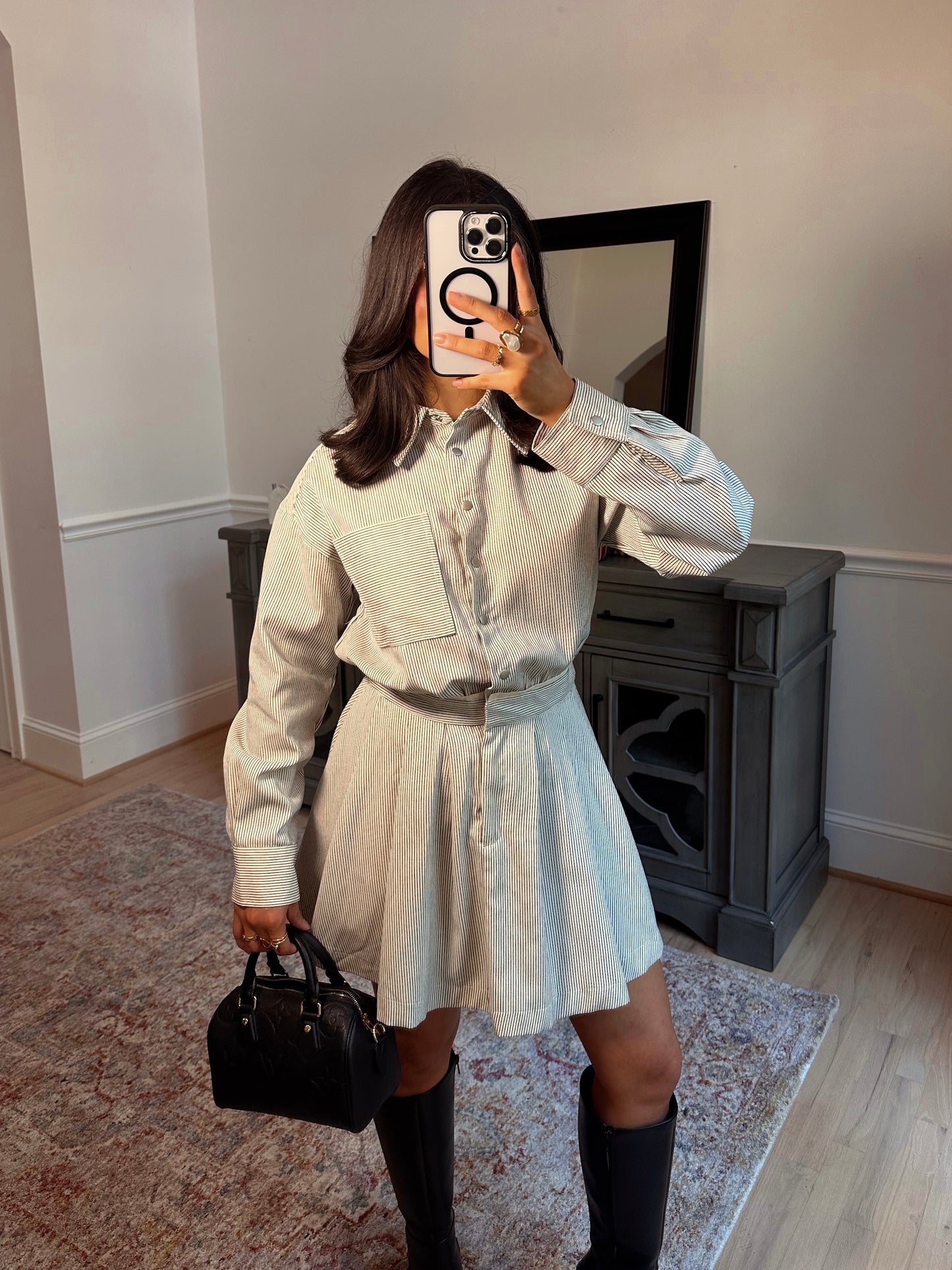 The Hostess Pinstripe Pleated Dress