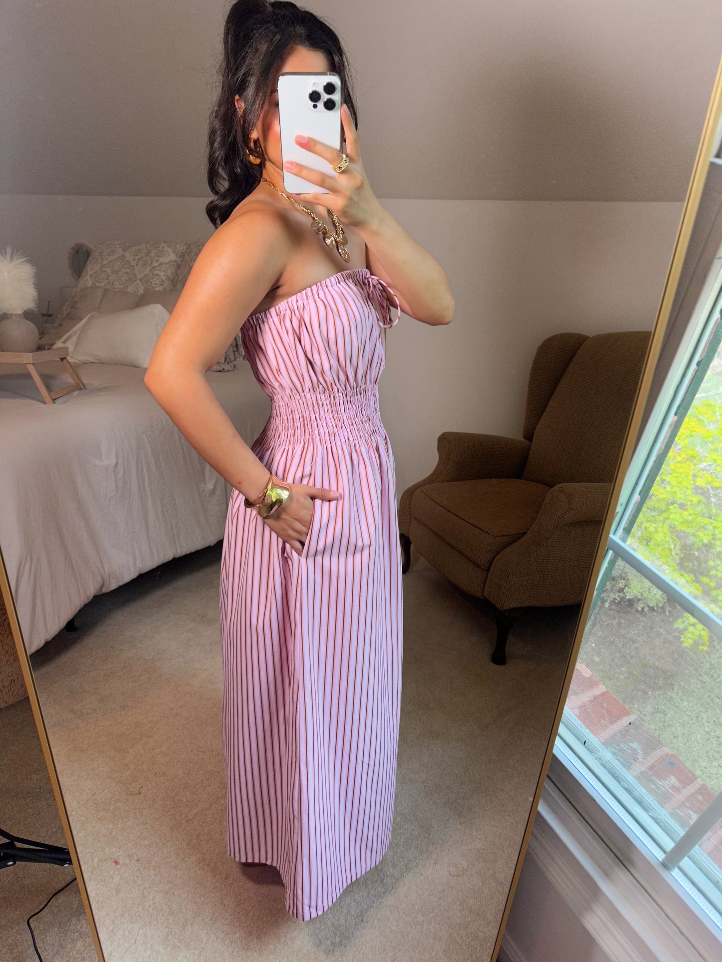 Pink Striped Tube Midi Dress