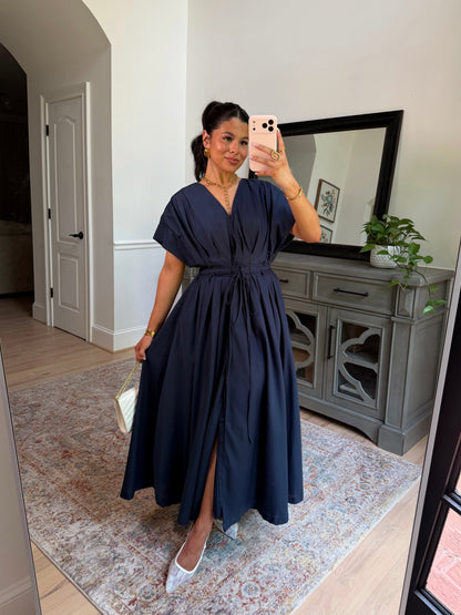 Darling Navy Pleated Midi Dress