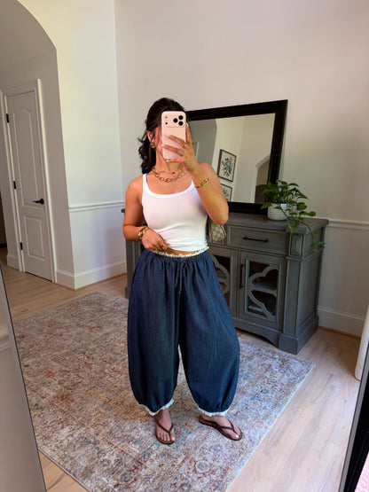 Chic Ease Denim Lace-Trim Pants